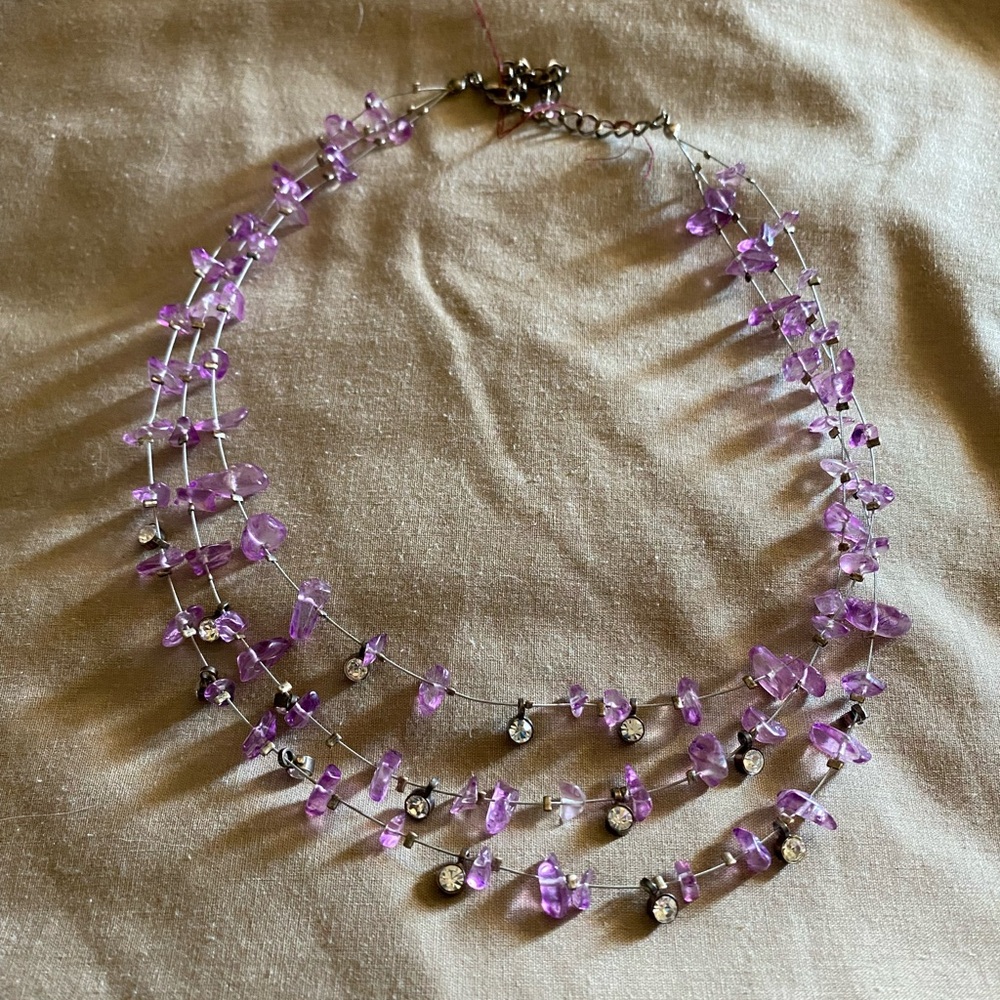 Vintage Wire Necklace with 3-Strand of Beads Silver Tone Pink Purple Rhinestone